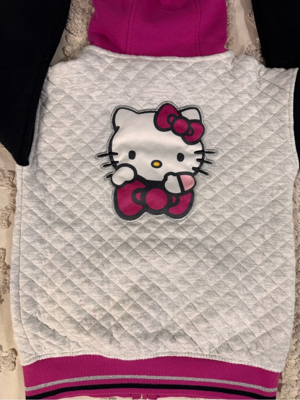 Hello Kitty Pink, White & Black Quilted Hooded Zip Jacket